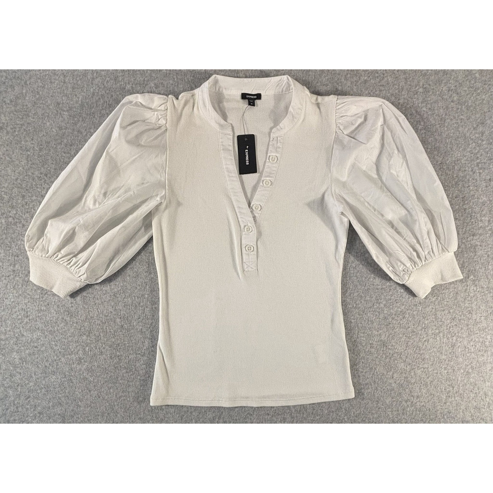 Express Puff Sleeve Ribbed Top Womens XS White Henley Stretch NWT